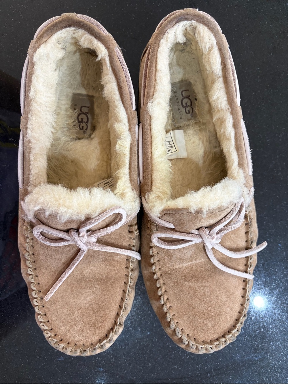 UGG Women's Pink/Chestnut Suede Sheepskin-Lined Moccasins